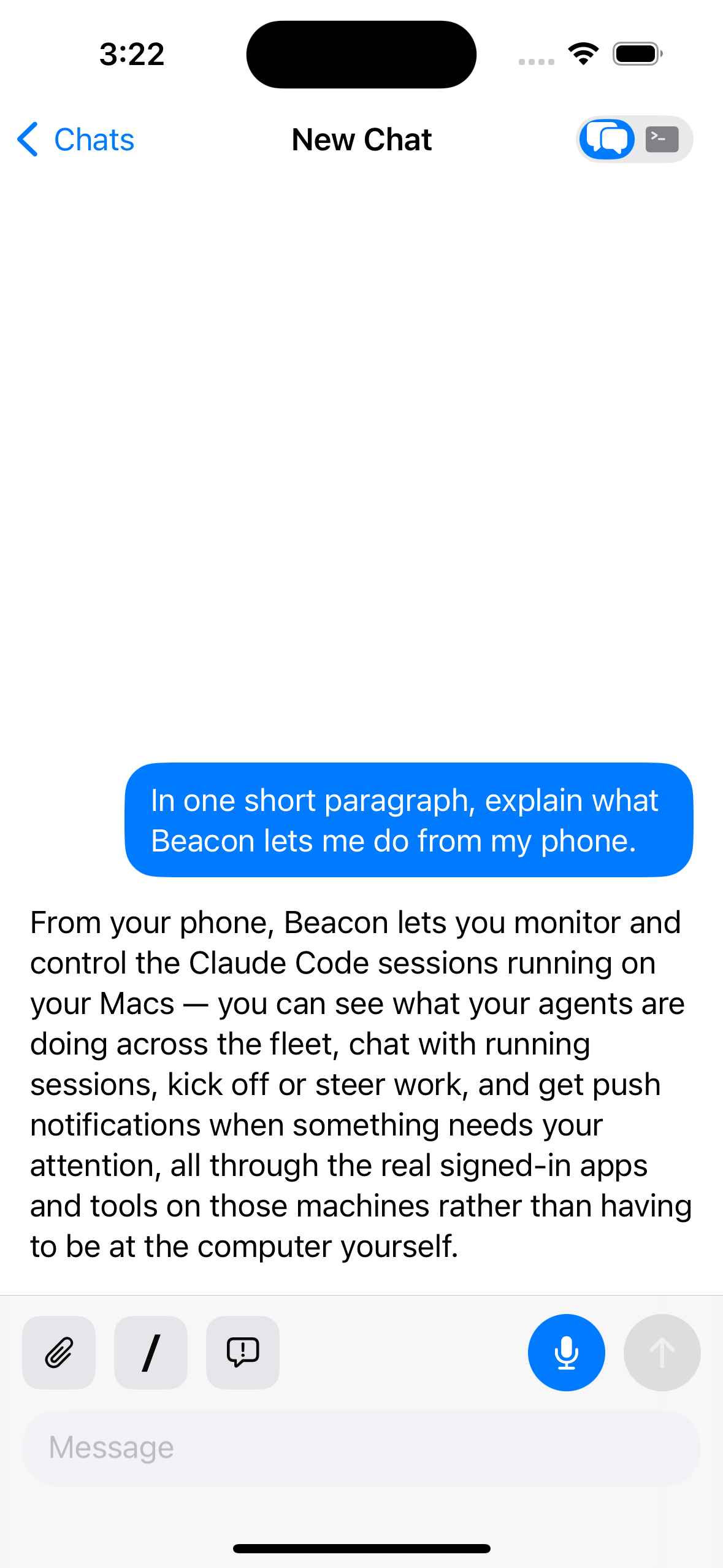 A Beacon chat on iPhone: the session explains what Beacon does, with the composer below.