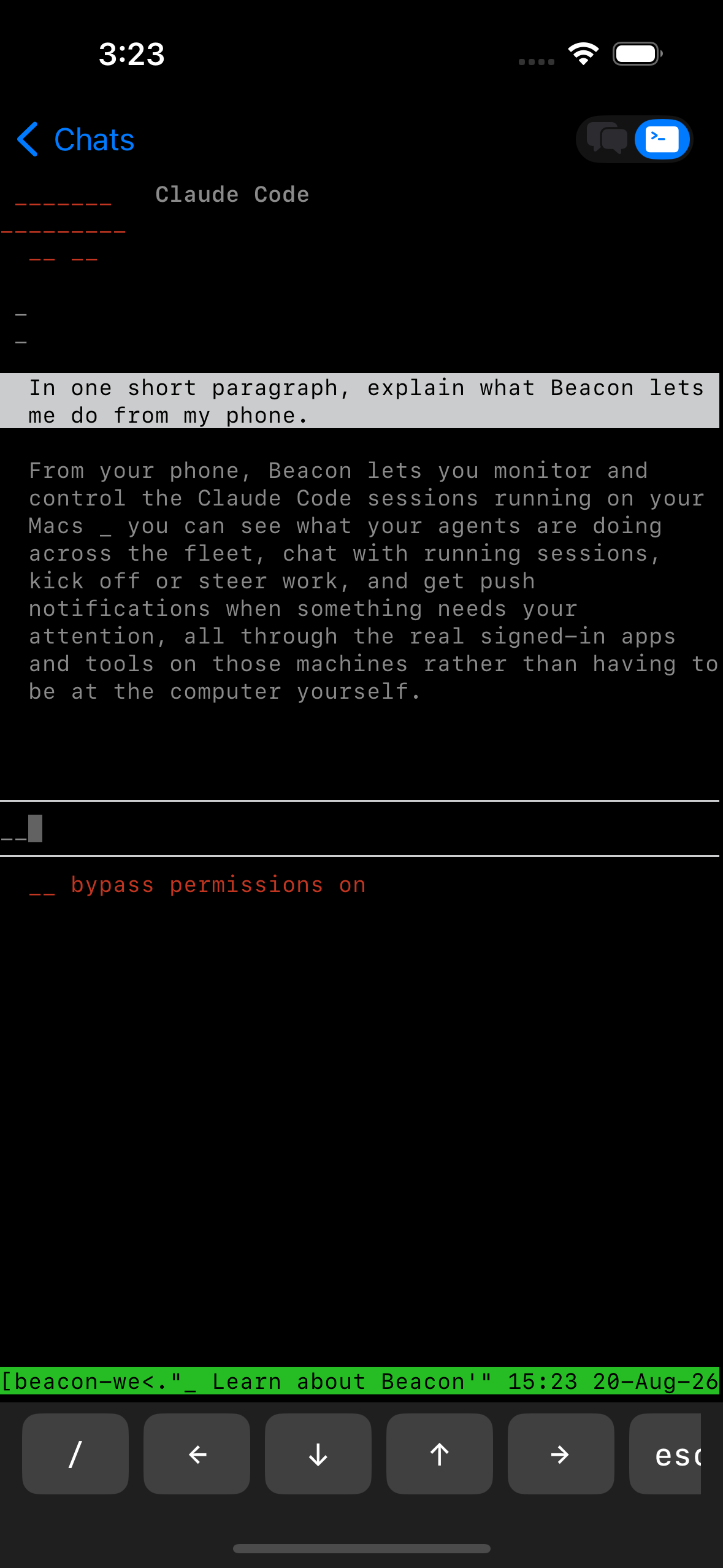 Beacon terminal view mirroring the live session on your Mac.